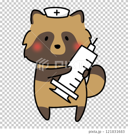 A raccoon wearing a nurse's cap holding a large syringe 121831683