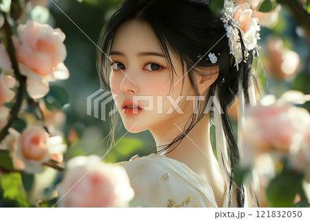 バラ園の中にいる美女 121832050