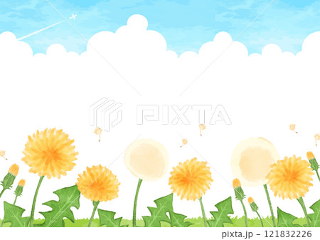 のどかなタンポポの咲く風景イラスト 121832226