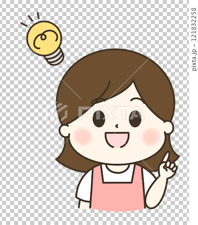 一個穿著圍裙的女人閃爍著燈泡的可愛插圖 一個穿著圍裙的女人閃爍著燈泡的可愛插圖 121832258