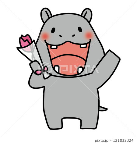 一輪の花を持っているカバ 121832324