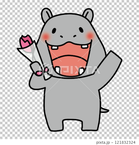 一輪の花を持っているカバ 121832324