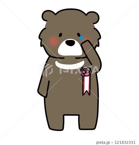 胸にコサージュを付けて泣いているクマ 121832331