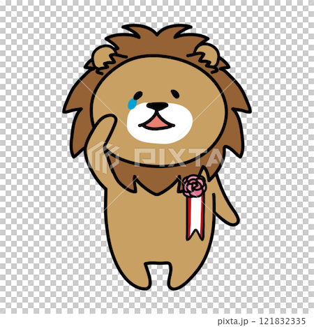 Crying lion with a corsage on his chest 121832335