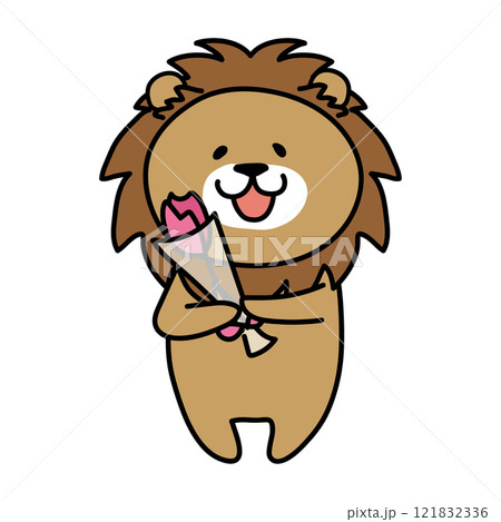 一輪の花を持っているライオン 121832336