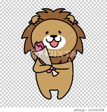 一輪の花を持っているライオン 121832336