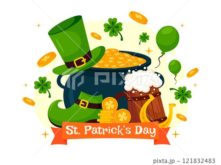 Happy St. Patrick's Day Vector Illustration on March 17 Featuring Golden Coins, a Green Hat, Beer, and Shamrocks in a Flat Style Cartoon Background 121832483