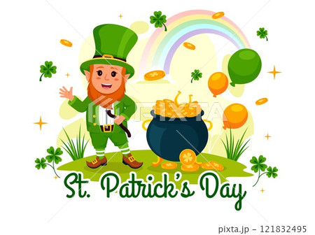 Happy St. Patrick's Day Vector Illustration on March 17 Featuring Golden Coins, a Green Hat, Beer, and Shamrocks in a Flat Style Cartoon Background 121832495