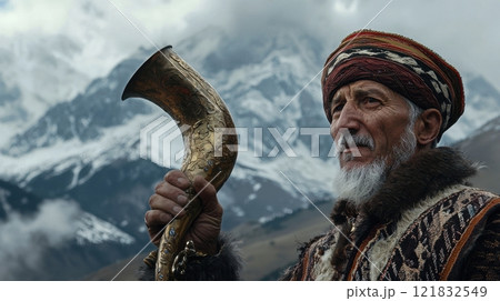 Georgian Man in Traditional Chokha Attire Holding a Horn Against Majestic Mountain Landscape 121832549
