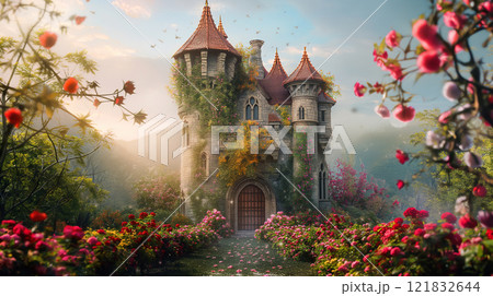 Fantasy Flowers Castle landscape in fairy garden. Medieval tower ruin surrounded real impressionist garden . 121832644