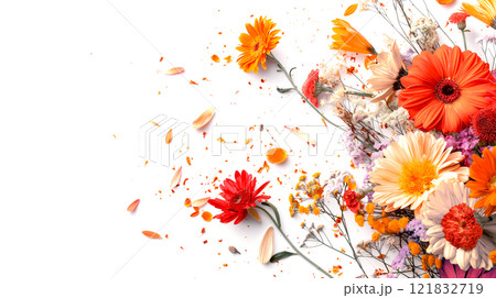 Mixed Flowers explosion on white background. Flowers composition Creative layout. Flat lay, top view, copy space. 121832719
