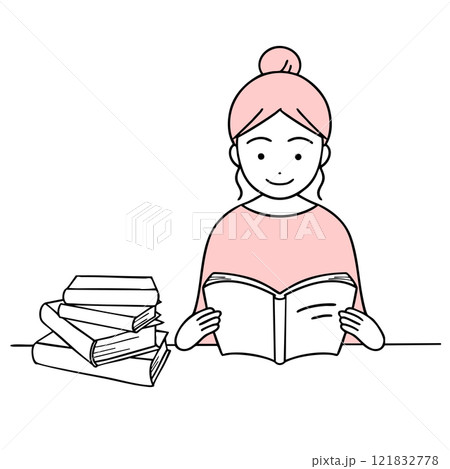 積み上げた本の横で読書を楽しむ女性 121832778