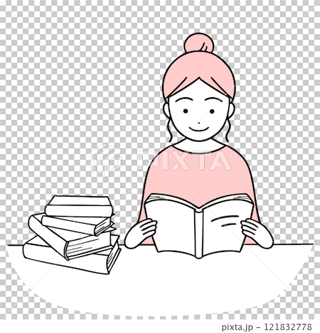 積み上げた本の横で読書を楽しむ女性 121832778