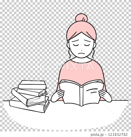 積み上げた本の横で読書し困っている女性 積み上げた本の横で読書し困っている女性 121832782