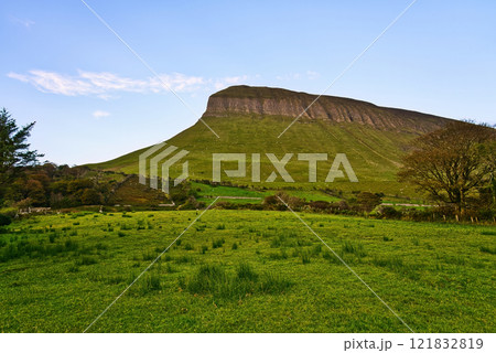 Benbulbin mountain in Sligo Ireland - Majestic Green Mountain Featuring a Stunning View Under a 121832819