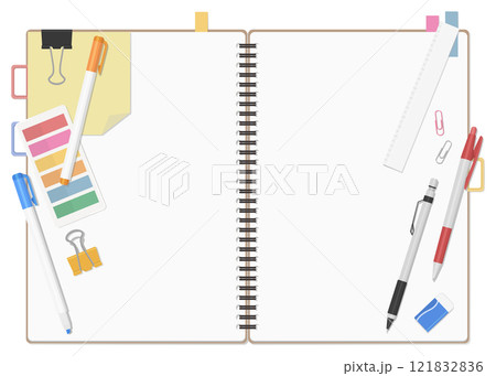 文房具とノートのセット、シンプルな無地のリングノート、見開き 121832836
