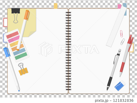 文房具とノートのセット、シンプルな無地のリングノート、見開き 121832836