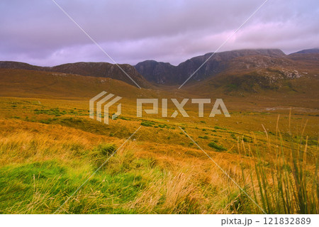 Glenveagh National Park in Donegal Ireland aerial view - The breathtaking landscape features rolling Glenveagh National Park in Donegal Ireland aerial view - The breathtaking landscape features rolling 121832889