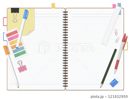 文房具とノートのセット、シンプルな罫線のリングノート、見開き 121832950