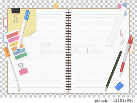 文房具とノートのセット、シンプルな罫線のリングノート、見開き 121832950