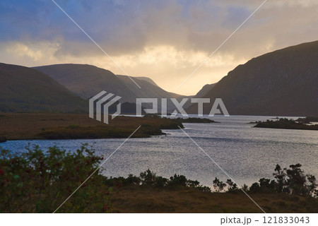 Glenveagh National Park in Donegal Ireland aerial view - The breathtaking landscape features rolling 121833043