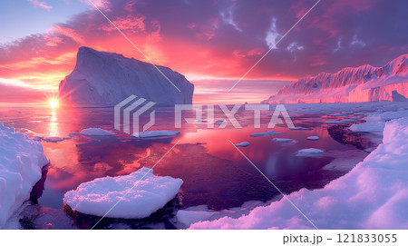Sea Ice landscape in the Beaufort Sea before Sunset in Canada. Winter landscapes. Natural background. North country. 121833055