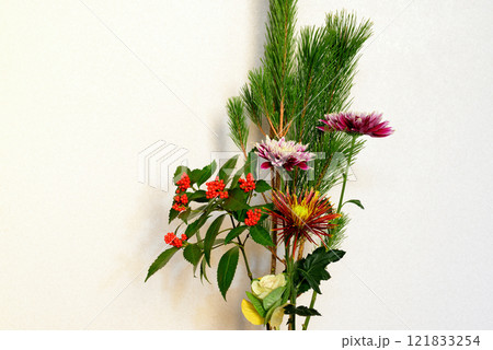 お正月 花瓶に飾る松、キク、千両などのお花 お正月 花瓶に飾る松、キク、千両などのお花 121833254