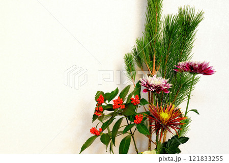 お正月　花瓶に飾る松、キク、千両などのお花 121833255