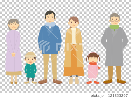 一組穿著冬衣的家庭面向前方的插圖 121833297