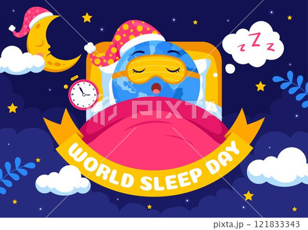 World Sleep Day Vector Illustration on March 14, Featuring People Sleeping, Clouds, Planet Earth, and the Moon in a Sky Background with Flat Cartoon 121833343