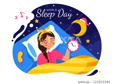 World Sleep Day Vector Illustration on March 14, Featuring People Sleeping, Clouds, Planet Earth, and the Moon in a Sky Background with Flat Cartoon 121833345