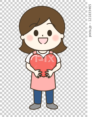 A cute and relaxed illustration of a woman in an apron holding a heart 121833465
