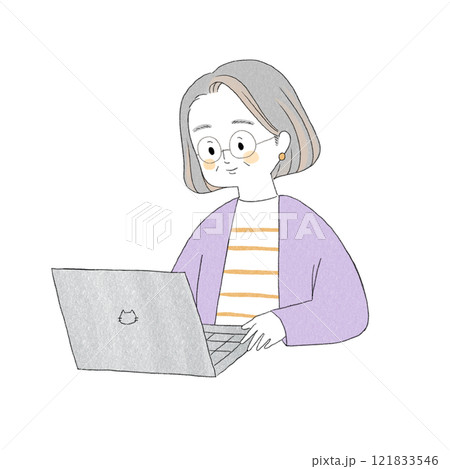 パソコン操作をするシニアの女性イラスト パソコン操作をするシニアの女性イラスト 121833546