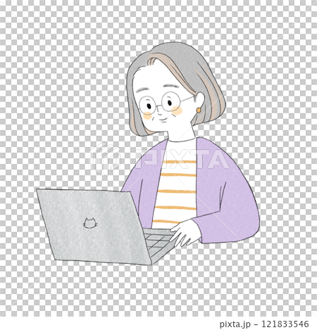 一位高級女性操作電腦的插圖 121833546