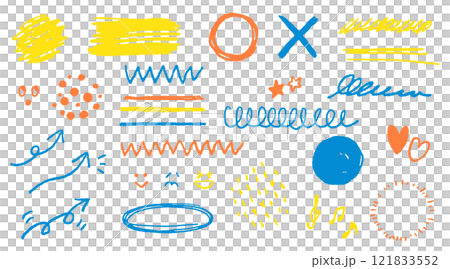 塗鴉風格的材質設定與蠟筆和彩色鉛筆紋理。箭頭、圓圈、裝飾。向量圖。 塗鴉風格的材質設定與蠟筆和彩色鉛筆紋理。箭頭、圓圈、裝飾。向量圖。 121833552