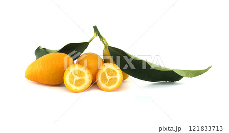 Fresh Ripe Kumquats With Green Leaves on White Background 121833713