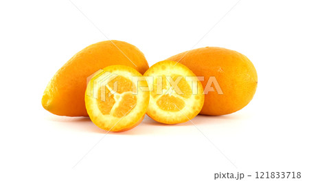 Fresh Kumquats and Halved Slices Displayed on a White Background Fresh Kumquats and Halved Slices Displayed on a White Background 121833718