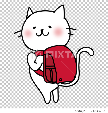 赤いランドセルを背負う白い猫 121833763