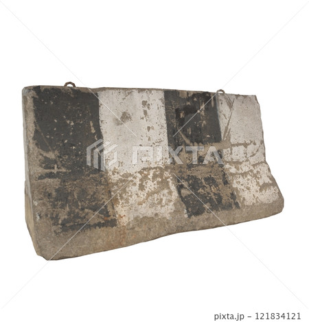 Concrete barrier with weathered surface isolated on white background 121834121