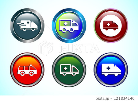 Ambulance icon design illustration. Emergency car, medicine van symbol. Button design set 121834140