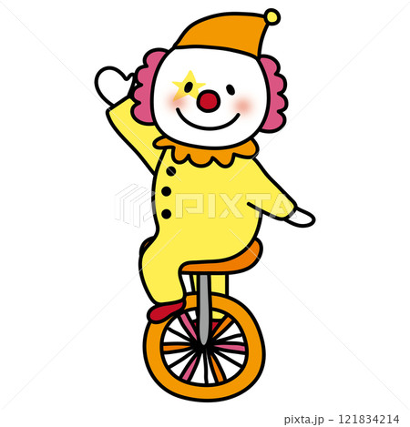 サーカスで一輪車に乗るピエロ サーカスで一輪車に乗るピエロ 121834214