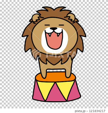 サーカスで台に乗って吠えるライオン 121834217