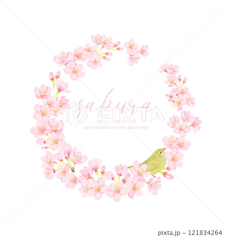 桜の花とウグイスのベクターイラストフレーム素材 121834264
