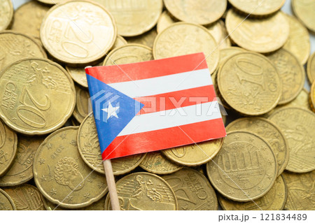 Puerto Rico flag on coin and banknote money, finance trading investment business currency concept. 121834489