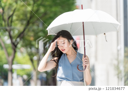 オフィス街で暑そうに日傘をさして歩くビジネスウーマン オフィス街で暑そうに日傘をさして歩くビジネスウーマン 121834677