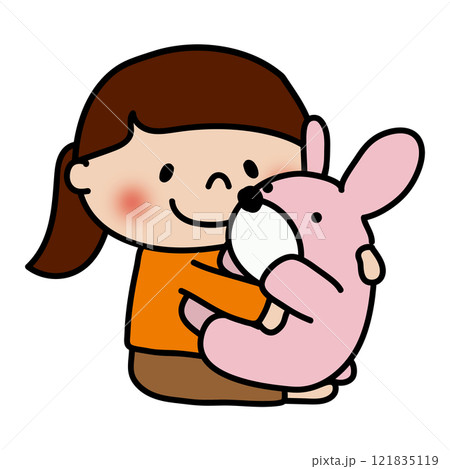 大きなウサギのぬいぐるみを抱いている子供（女の子）のイラスト素材