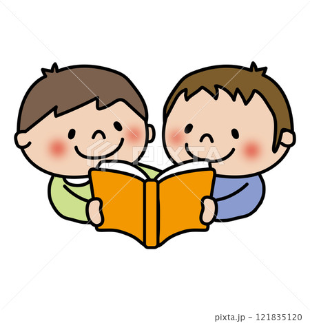 一緒に本を読む子供たち（男の子） 121835120