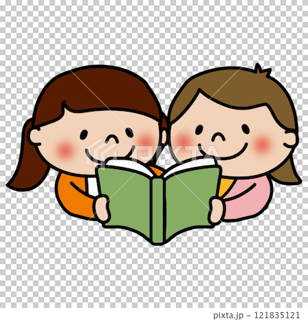 一緒に本を読む子供たち（女の子） 121835121