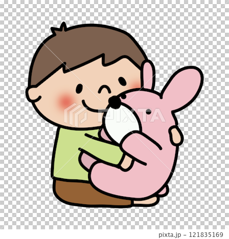 A boy holding a large stuffed rabbit 121835169