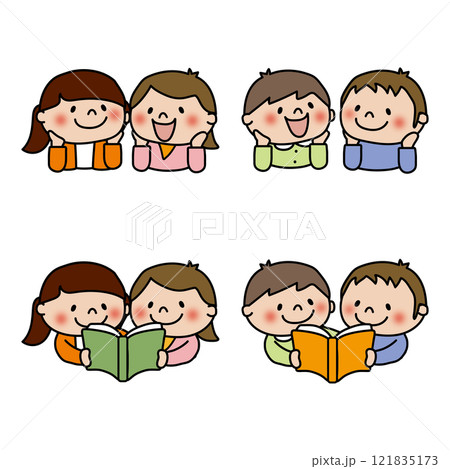 本を読んだりおしゃべりする子供たちセット 121835173